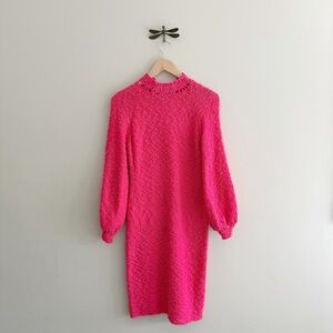 1960s Pink Boucle Knit Long-Sleeve Sweater Dress